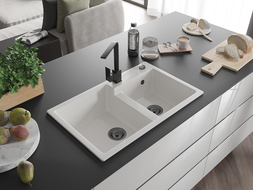 Mexen Tomas žulový drez 2-komorový s kuchynskou batériou Rita, biely - 6516-20-670300-70