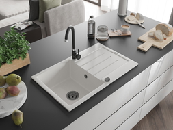 Mexen Bruno granitový drez 1-komorový s odkvapkávačom a kuchynskou batériou Telma, biely - 6513-20-670200-70