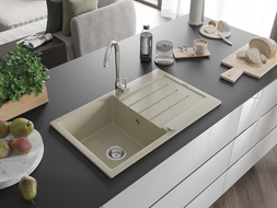 Mexen Bruno granitový drez 1-komorový s odkvapkávačom a kuchynská batéria Telma, béžový - 6513-69-670200-00