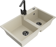 Mexen Tomas granitový dvojkomorový drez s kuchynskou batériou Rita, béžový - 6516-69-670300-70