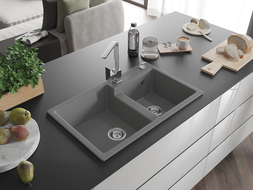Mexen Tomas granitový drez 2-komorový s kuchynskou batériou Rita, sivý - 6516-71-670300-00