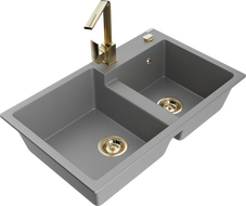 Mexen Tomas dvojkomorový žulový drez s kuchynskou batériou Rita, sivý - 6516-71-670300-50