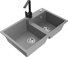 Mexen Tomas dvojkomorový žulový drez s kuchynskou batériou Rita, sivý - 6516-71-670300-70