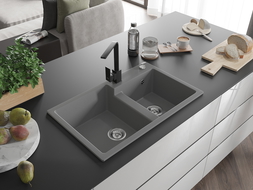 Mexen Tomas dvojkomorový žulový drez s kuchynskou batériou Rita, sivý - 6516-71-670300-70