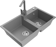 Mexen Tomas žulový drez dvojkomorový s kuchynskou batériou Rita, sivý - 6516-71-670300-71