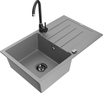 Mexen Bruno granitový drez 1-komorový s odkvapkávacou doskou a kuchynskou batériou Telma, sivý - 6513-71-670200-70-B