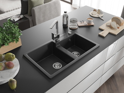 Mexen Tomas granitový dvojkomorový drez s kuchynskou batériou Rita, čierny/strieborný metalik - 6516-73-670300-00