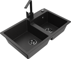 Mexen Tomas žulový kuchynský drez s 2 komorami a kuchynskou batériou Rita, čierny/strieborný metalik - 6516-73-670300-70-B