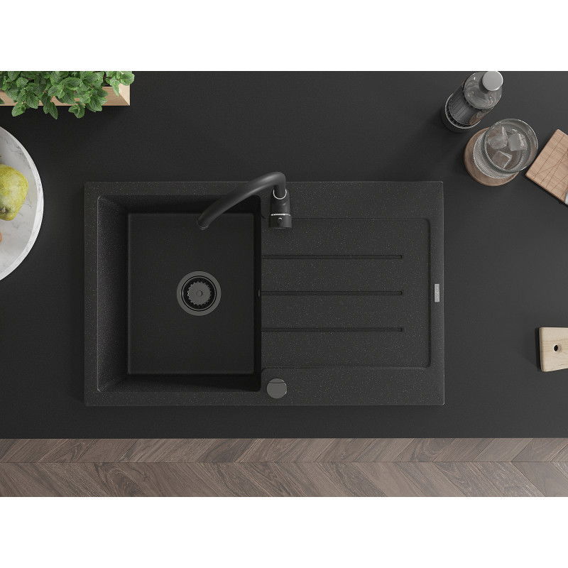 Mexen Bruno žulový jednodrevový drez s odkvapom a kuchynskou batériou Telma, čierny/strieborný - 6513-73-670200-70-B