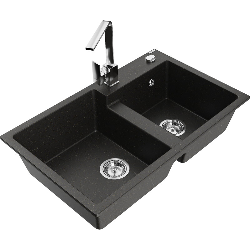 Mexen Tomas žulový drez s 2 komorami a kuchynskou batériou Rita, čierny/zlatý metalický - 6516-75-670300-00