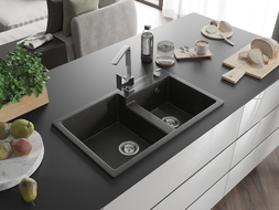 Mexen Tomas žulový drez, dvojkomorový s kuchynskou batériou Rita, čierny/zlatý metalik - 6516-75-670300-00