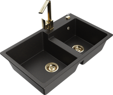 Mexen Tomas granitový drez 2-komorový s kuchynskou batériou Rita, čierny/zlatý metalik - 6516-75-670300-50