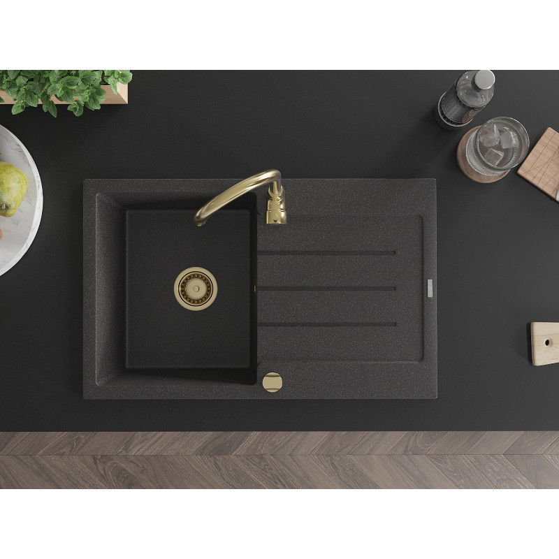 Mexen Bruno granitový drez 1-komorový s odkvapkávačom a kuchynskou batériou Telma, čierny škvrnitý - 6513-76-670200-50