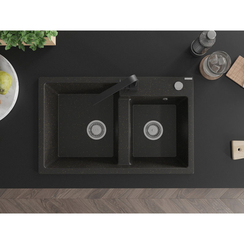 Mexen Tomas žulový dvojkomorový drez s kuchynskou batériou Rita, čierny/zlatý metalik - 6516-75-670300-70