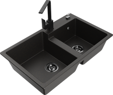 Mexen Tomas žulový kuchynský drez s dvoma komorami a kuchynskou batériou Rita, čierno/zlatý metalík - 6516-75-670300-70-B