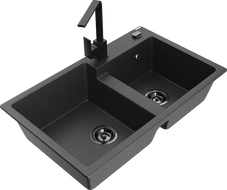 Mexen Tomas dvojkomorový žulový kuchynský drez s kuchynskou batériou Rita, čierny s bodkami - 6516-76-670300-70-B