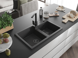 Mexen Tomas dvojkomorový žulový kuchynský drez s kuchynskou batériou Rita, čierny s bodkami - 6516-76-670300-70-B