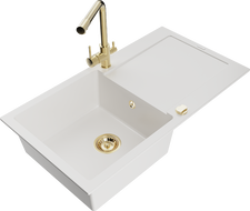 Mexen Leo granitový kuchynský drez s 1 komorou a odkvapkávačom a kuchynskou batériou Duero, biely - 6501-20-671600-50