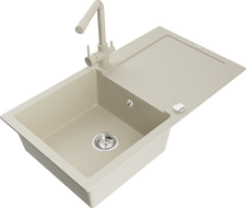 Mexen Leo granitový drez 1-komorový s odkvapkávacou plochou a kuchynskou batériou Duero, béžový- 6501-69-671600-69