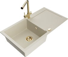 Mexen Leo žulový drez 1-komorový s odkvapkávačom a kuchynskou batériou Duero, béžový- 6501-69-671600-50