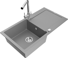 Mexen Leo žulový drez s 1 komorou a odkvapkávačom a kuchynskou batériou Duero, sivý - 6501-71-671600-00