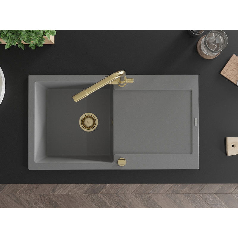 Mexen Leo kuchynský drez žulový, 1-komorový s odkvapkávačom a kuchynskou batériou Duero, sivý - 6501-71-671600-50