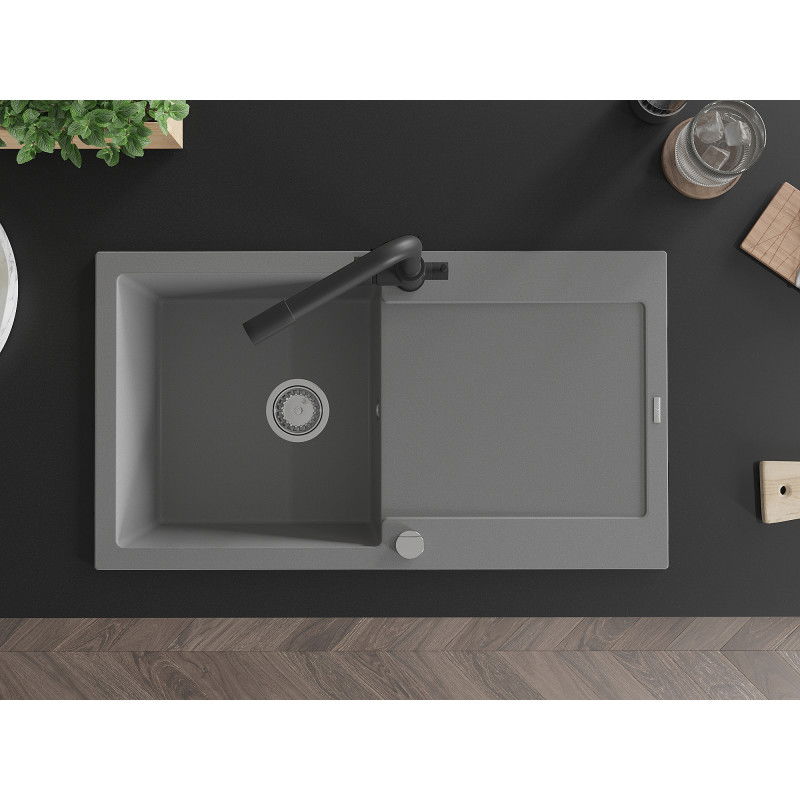 Mexen Leo žulový kuchynský drez s 1 komorou a odkvapkávačom a kuchynskou batériou Duero, sivý - 6501-71-671600-70
