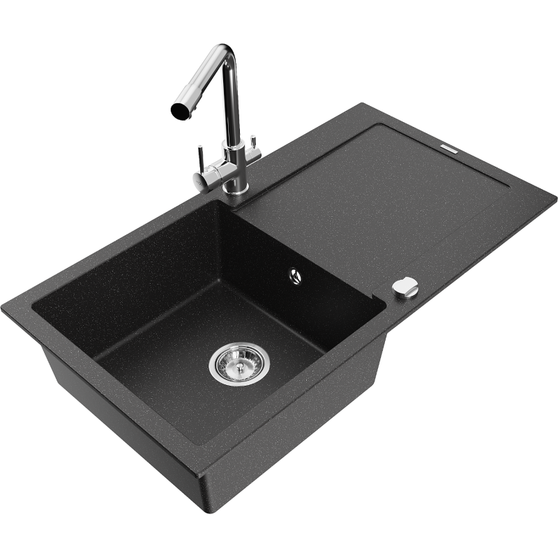 Mexen Leo granitový drez 1-komorový s odkvapkávačom a kuchynskou batériou Duero, čierny/strieborný metalik - 6501-73-671600-00