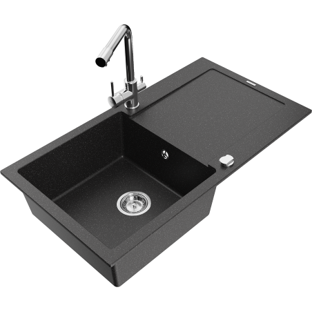 Mexen Leo granitový drez 1-komorový s odkvapkávačom a kuchynskou batériou Duero, čierny/strieborný metalik - 6501-73-671600-00
