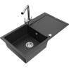 Mexen Leo granitový drez 1-komorový s odkvapkávačom a kuchynskou batériou Duero, čierny/strieborný metalik - 6501-73-671600-00