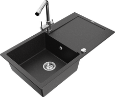 Mexen Leo granitový drez 1-komorový s odkvapkávačom a kuchynskou batériou Duero, čierny/strieborný metalik - 6501-73-671600-00