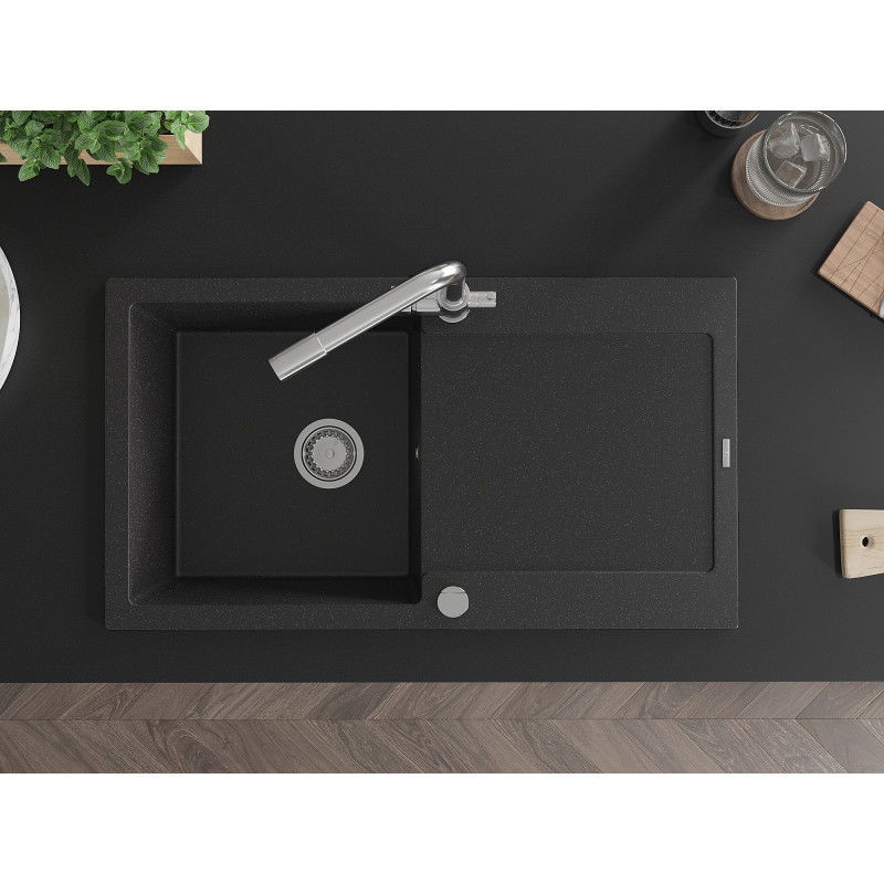 Mexen Leo granitový drez 1-komorový s odkvapkávačom a kuchynskou batériou Duero, čierny/strieborný metalik - 6501-73-671600-00