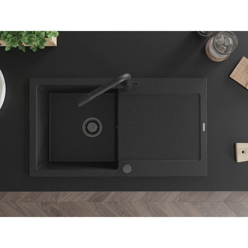 Mexen Leo jednokomorový žulový drez s odkvapkávačom a kuchynskou batériou Duero, čierny/strieborný metalík