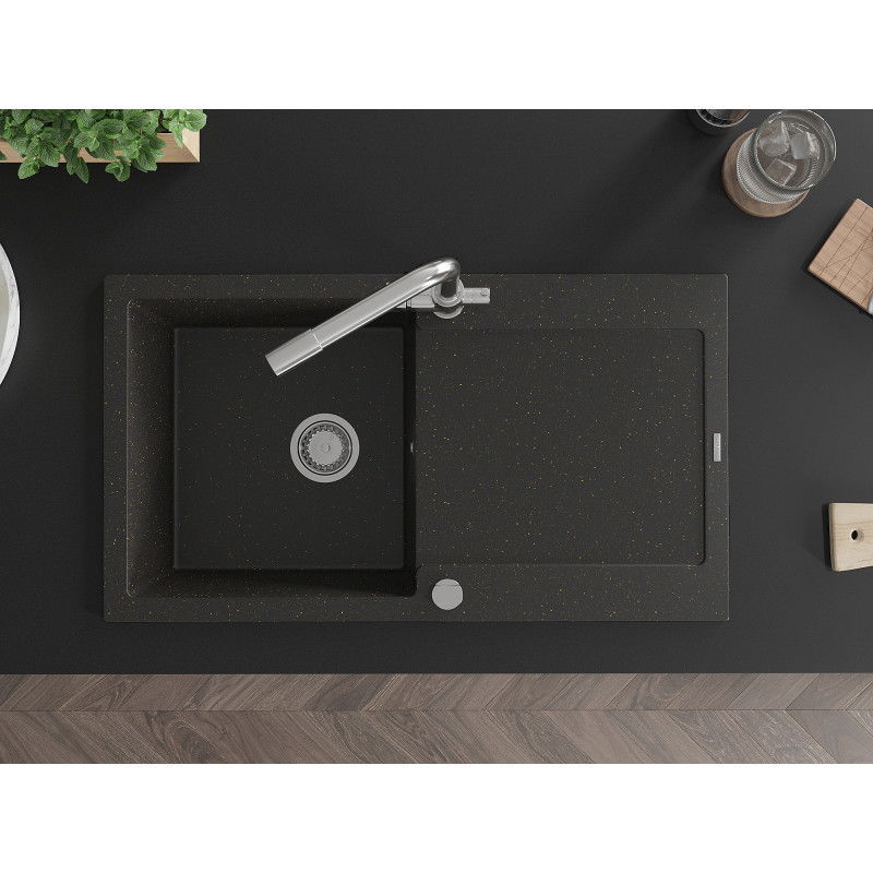 Mexen Leo jednokomorový granitový drez s odkvapkávačom a kuchynskou batériou Duero, čierny/zlatý metalický