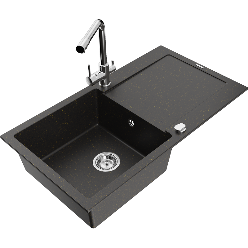 Mexen Leo jednokomorový granitový drez s odkvapkávačom a kuchynskou batériou Duero, čierny/zlatý metalický