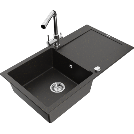 Mexen Leo jednokomorový granitový drez s odkvapkávačom a kuchynskou batériou Duero, čierny/zlatý metalický