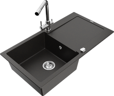 Mexen Leo jednokomorový granitový drez s odkvapkávačom a kuchynskou batériou Duero, čierny/zlatý metalický