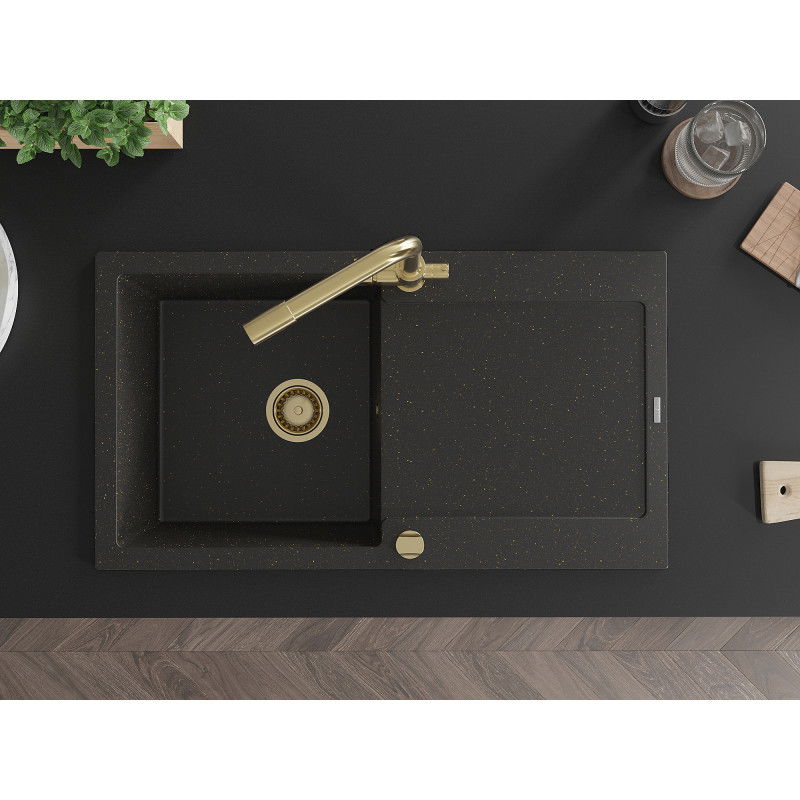 Mexen Leo granitový drez 1-komorový s odkvapkávačom a kuchynskou batériou Duero, čierny/zlatý metalický