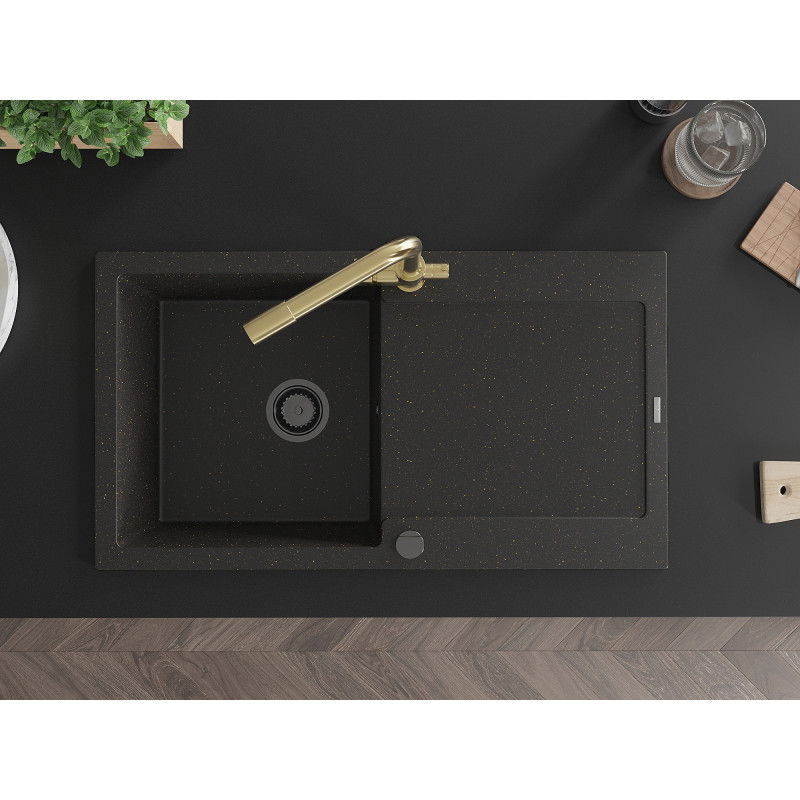 Mexen Leo jednovaničkový granitový drez s odkvapkávačom a kuchynskou batériou Duero, čierny/zlatý metalik - 6501-75-671600-50-B