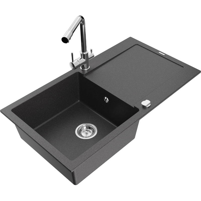 Mexen Leo jednodrezový granitový drez s odkvapkávačom a kuchynskou batériou Duero, čierny škvrnitý - 6501-76-671600-00