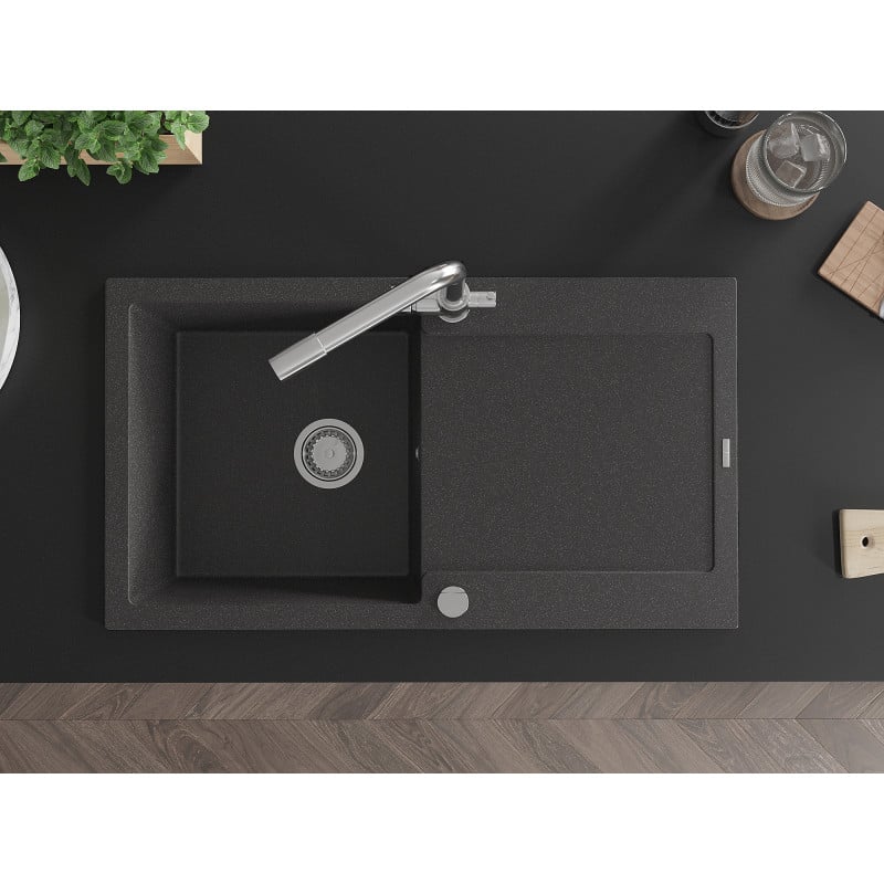 Mexen Leo jednodrezový granitový drez s odkvapkávačom a kuchynskou batériou Duero, čierny škvrnitý - 6501-76-671600-00