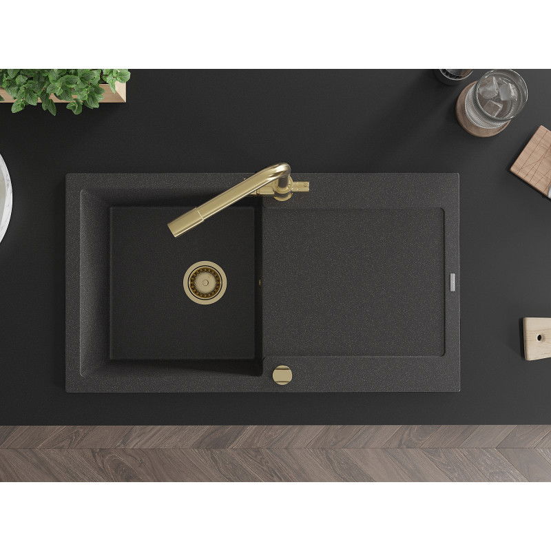 Mexen Leo granitový drezu s 1-komorou a odkvapkávačom a kuchynská batéria Duero, čierna s bodkami - 6501-76-671600-50