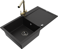 Mexen Leo granitový kuchynský drez s 1 komorou a odkvapkávačom a kuchynskou batériou Duero, čierny - 6501-77-671600-50-B