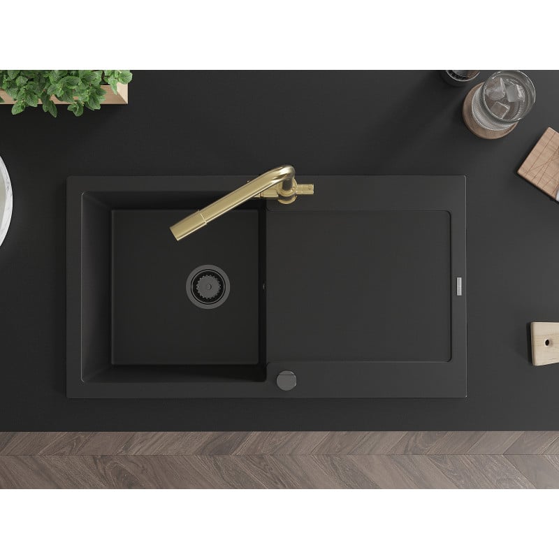 Mexen Leo granitový kuchynský drez s 1 komorou a odkvapkávačom a kuchynskou batériou Duero, čierny - 6501-77-671600-50-B