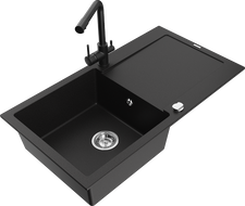 Mexen Leo granitový kuchynský drez s 1-komorou, odkvapkávačom a kuchynskou batériou Duero, čierny - 6501-77-671600-70