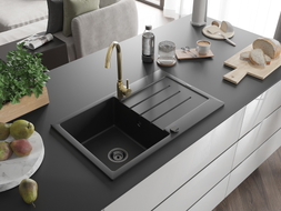 Mexen Bruno granitový kuchynský drez s 1 komorou a odkapávačom a kuchynskou batériou Telma, čierny - 6513-77-670200-50-B