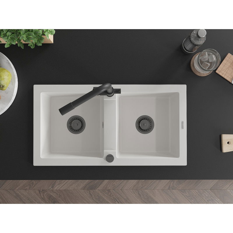 Mexen Mario dvojkomorový granitový drez s kuchynskou batériou Duero, biely - 6504-20-671600-70