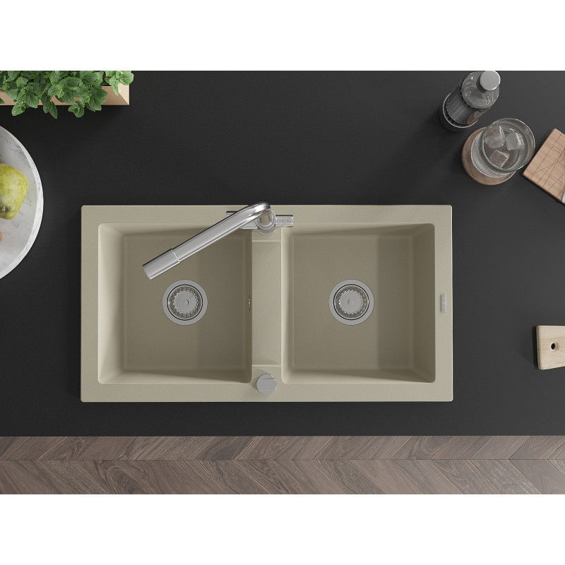 Mexen Mario žulový drez s 2 komorami a kuchynskou batériou Duero, béžový - 6504-69-671600-00