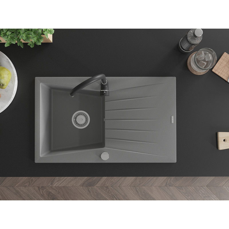 Mexen Cesar žulový drez s jednou komorou a odkvapkávačom a kuchynskou batériou Telma, šedý - 6514-71-670200-70