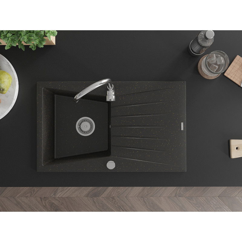 Mexen Cesar granitový drez s 1-komorou, odkvapkávačom a kuchynskou batériou Telma, čierno/zlatý - 6514-75-670200-00